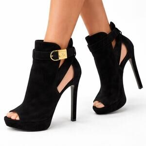 Louis Vuitton Lock Me Black Suede Platform Heels Gold Buckle Box Dustbag 37.5